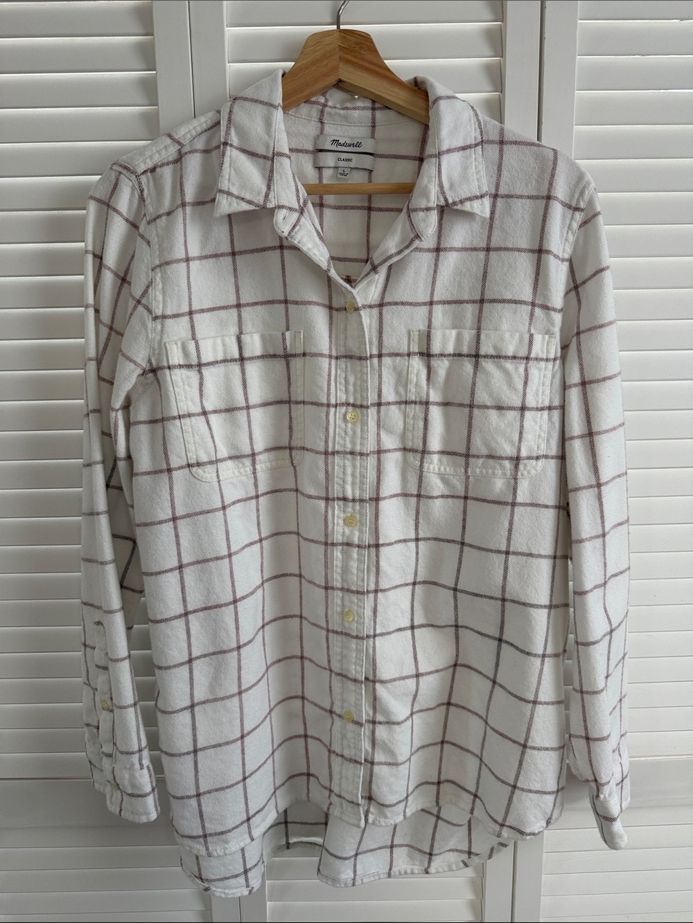 Madewell White Button-Down Shirt with Burgundy Windowpane Plaid